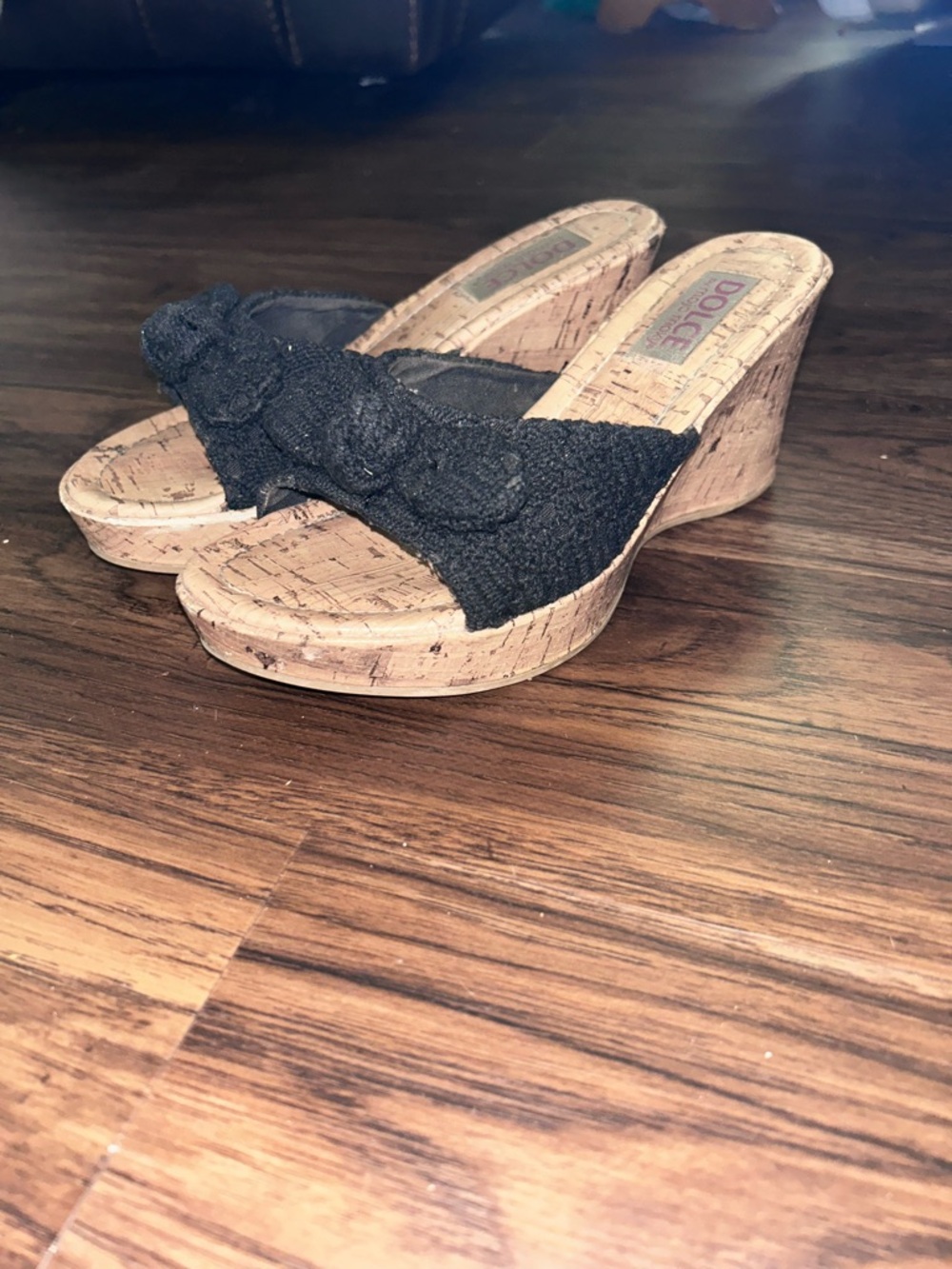 Mojo Moxy Black Woven Cork Wedge Slides